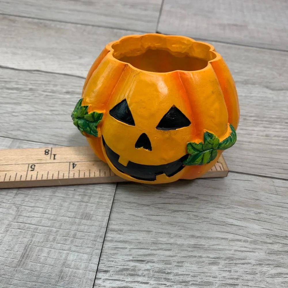 Halloween Jack O Lantern Pumpkin Planter Candle Holder Orange Resin 3x4in